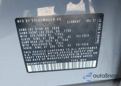2021 Volkswagen Id.4 Pro S z USA, uszkodzony, nr VIN WVGKMPE27MP060009